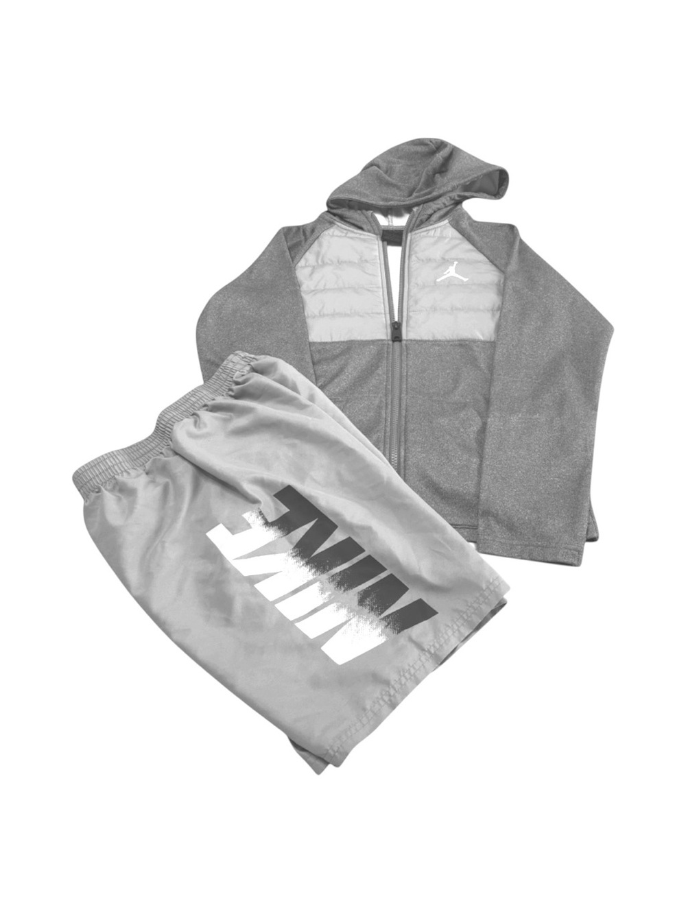 Jordan Medium Kids' Hooded Jacket and Nike large Shorts Set - Gray & Light Blue